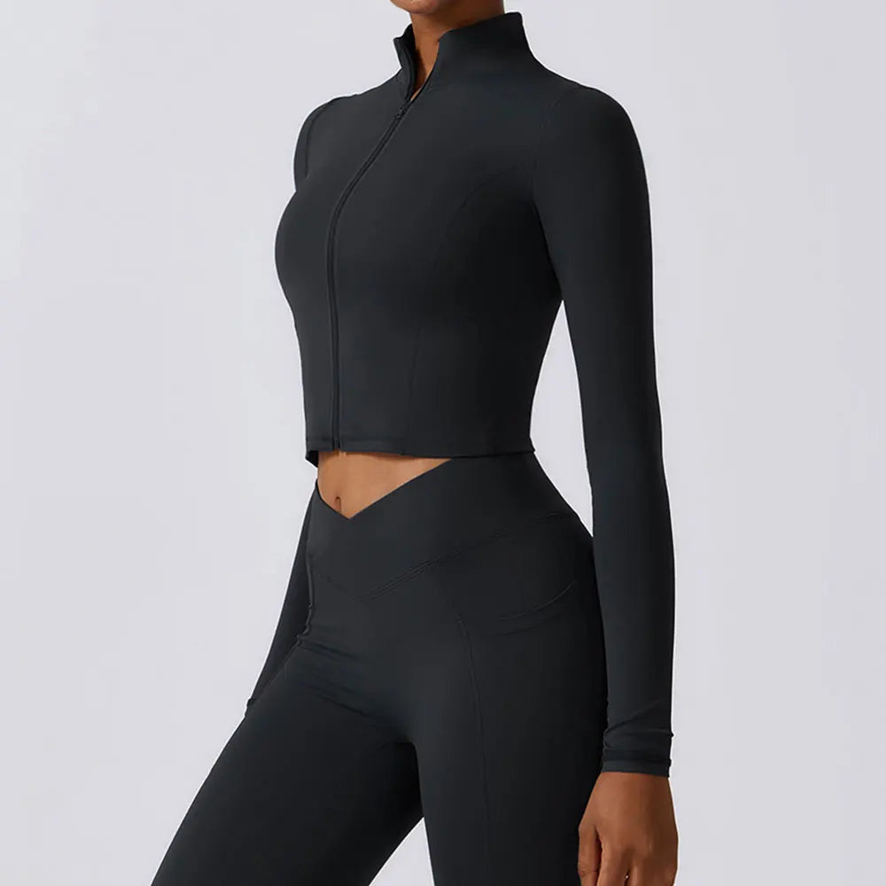 Ergonomic full-length zip running top for women in black