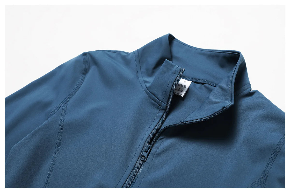 Close-up of nylon-spandex blend yoga jacket with long sleeves