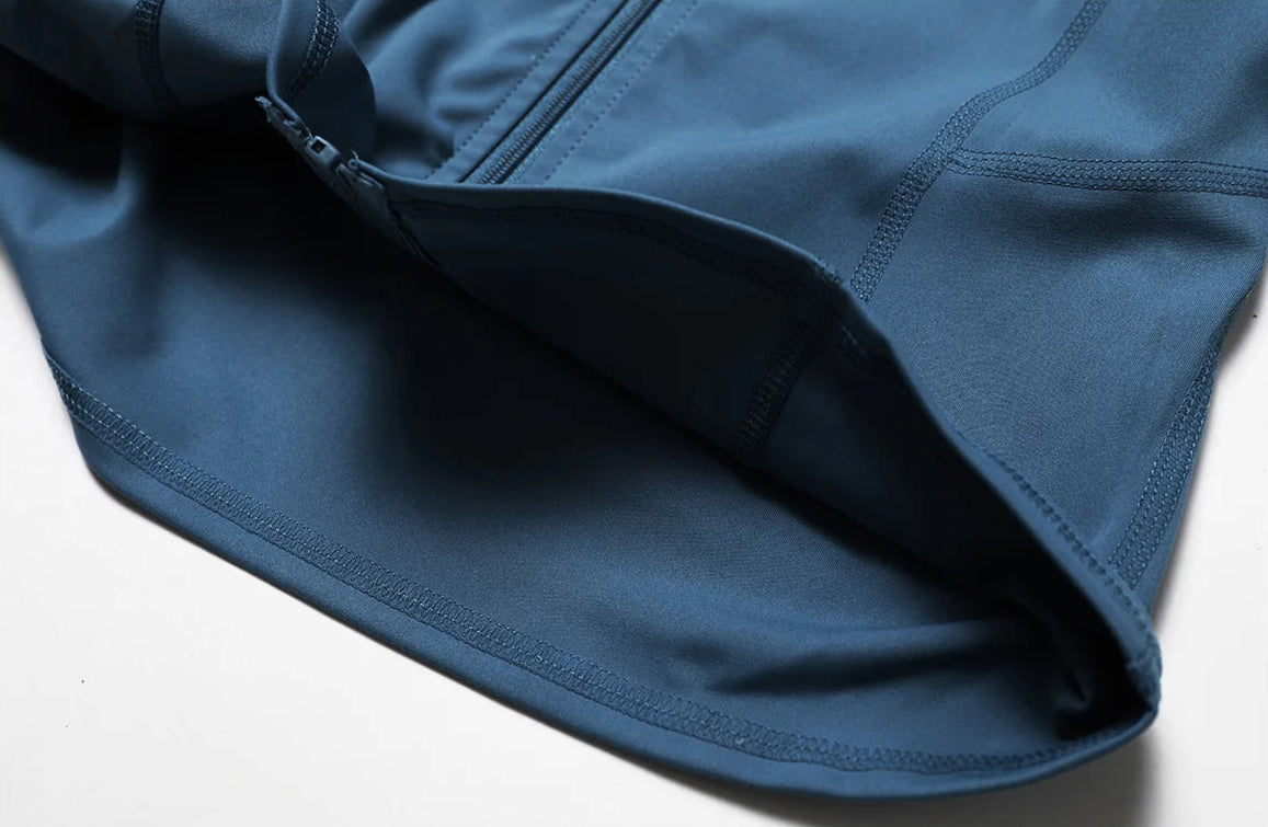 Close-up of nylon-spandex blend yoga jacket with long sleeves