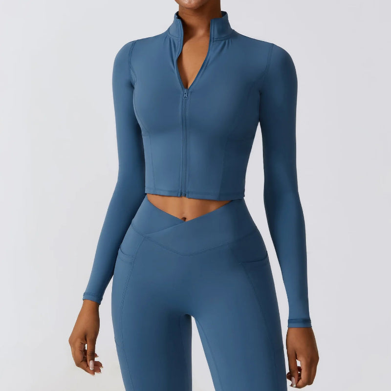 Ergonomic full-length zip running top for women in blue