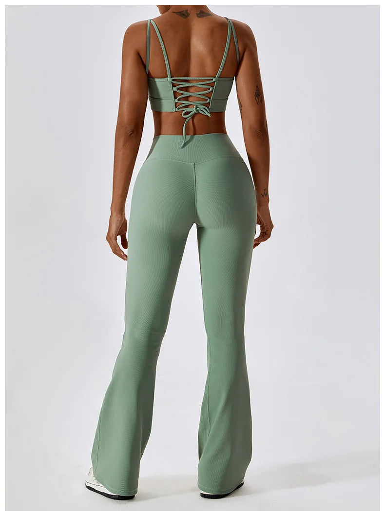 Green Yoga Pants Flare Design - Full Body Shot.