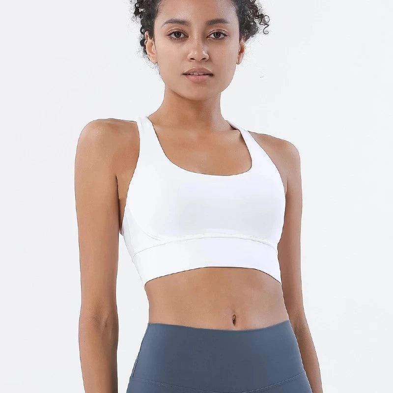 Double cross-back straps on a medium-impact sports bra for women.