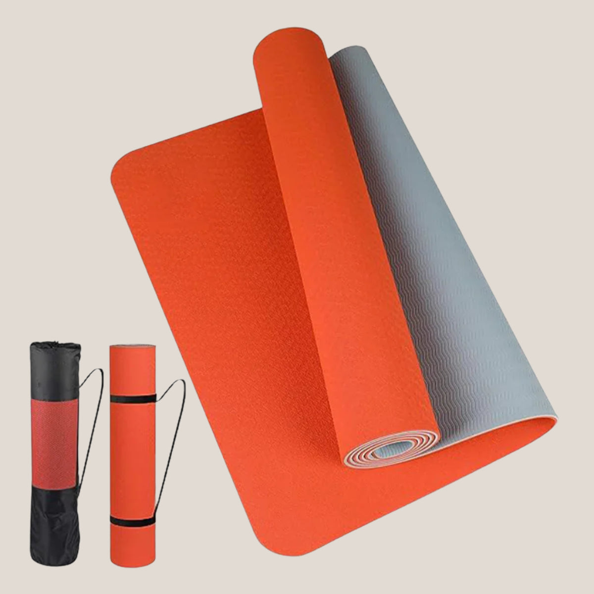 Anti-skid yoga mat rolled out with a sleek black design on a wooden floor.