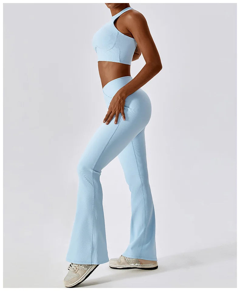Blue Yoga Pants Flare Design - Full Body Shot.