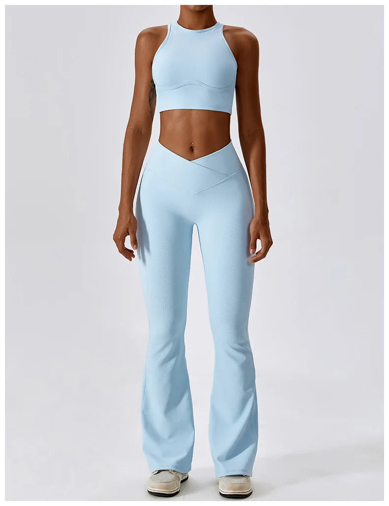 Blue Yoga Pants Flare Design - Full Body Shot.