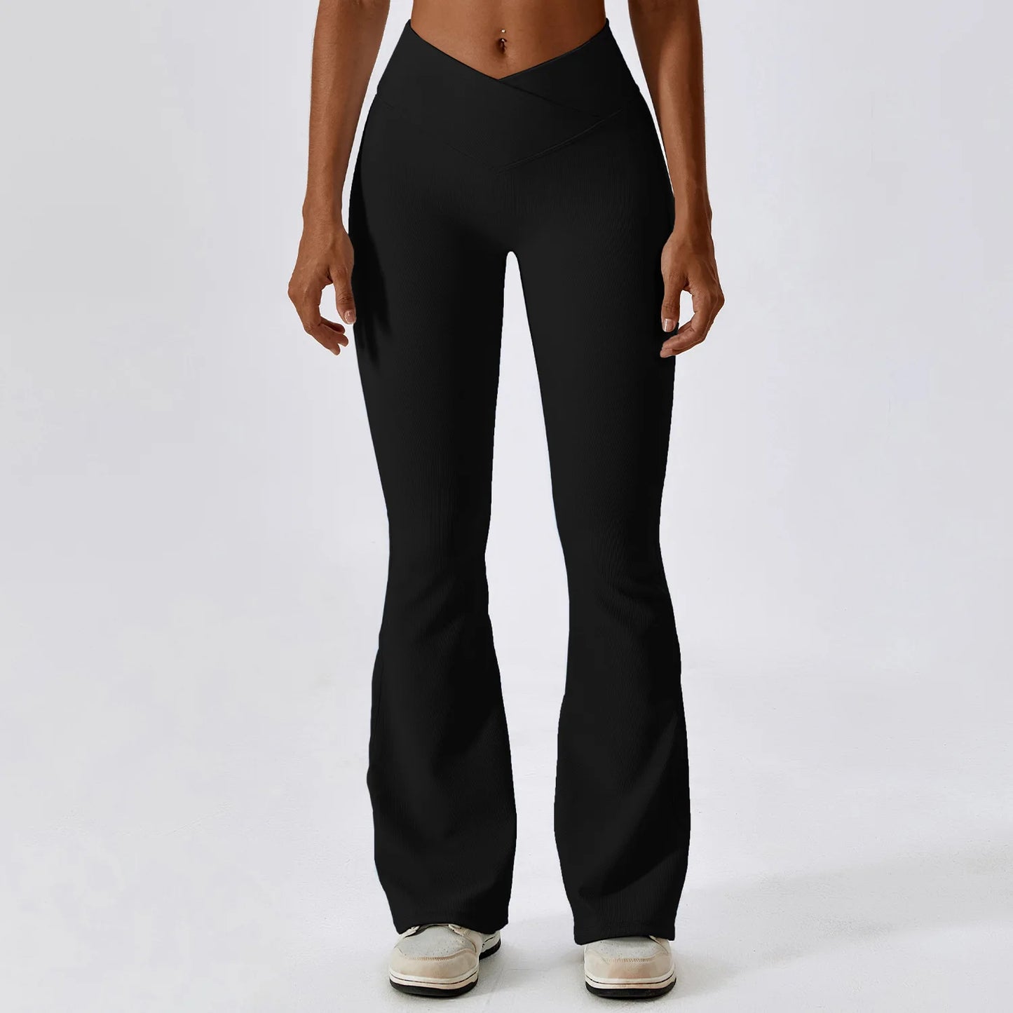 Black High Waisted Flare Pants - Side View.
