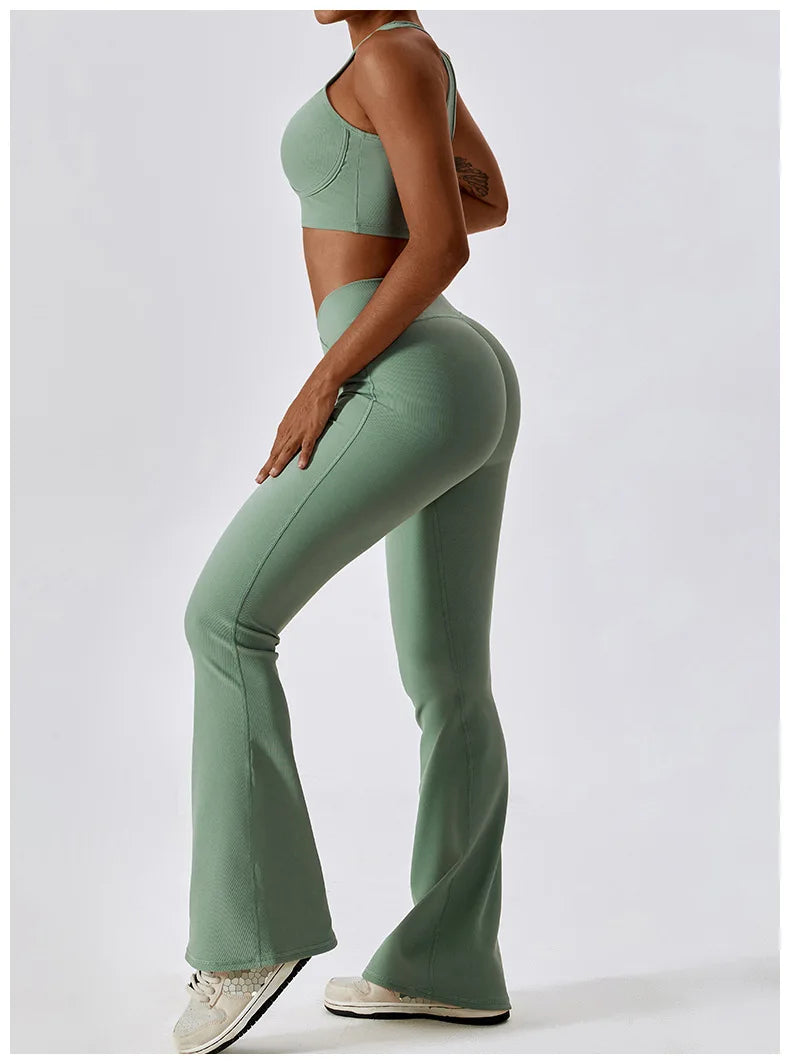 Green Yoga Pants Flare Design - Full Body Shot.