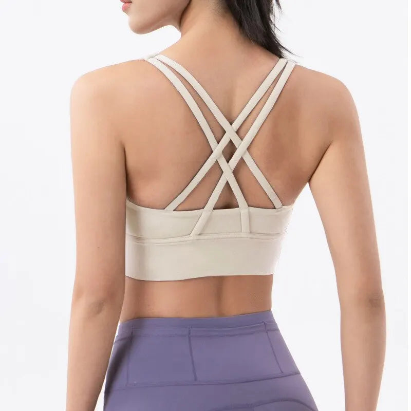 Cross Back Sports Bra in black with breathable, moisture-wicking fabric.