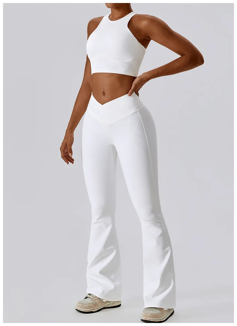 White Yoga Pants Flare Design - Full Body Shot.