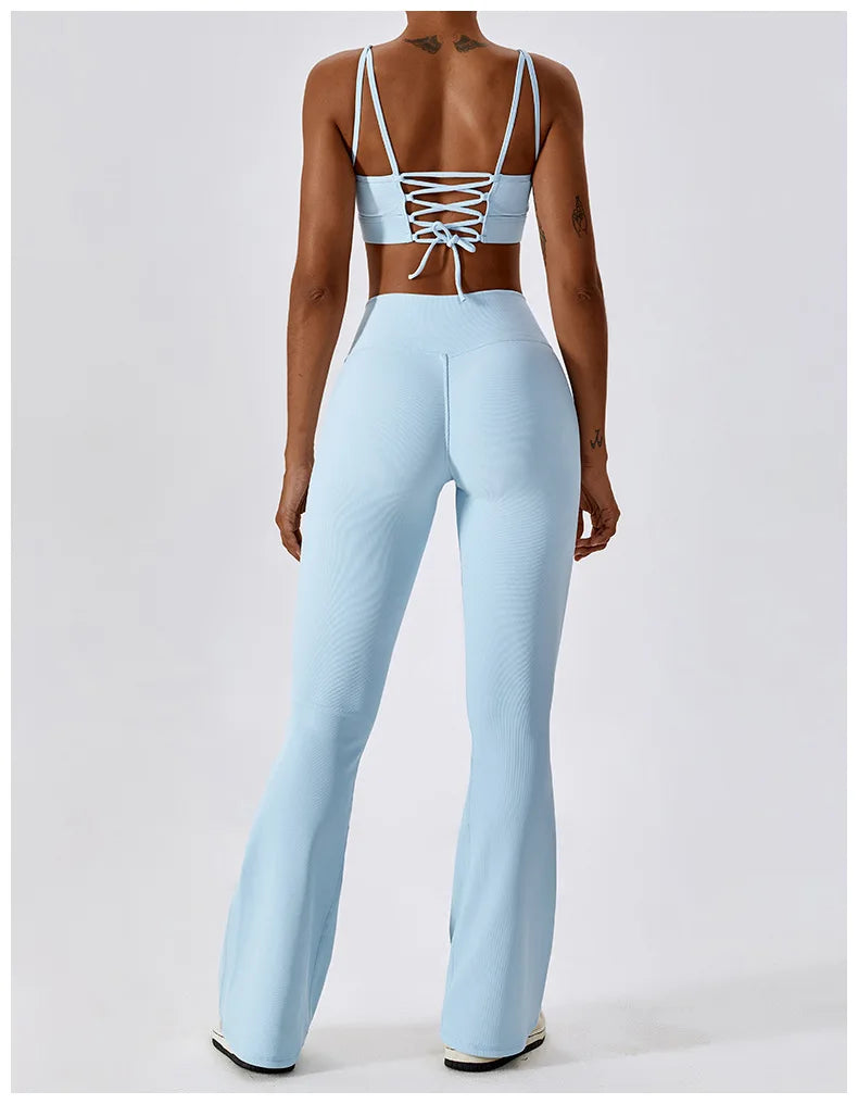 Blue Yoga Pants Flare Design - Full Body Shot.