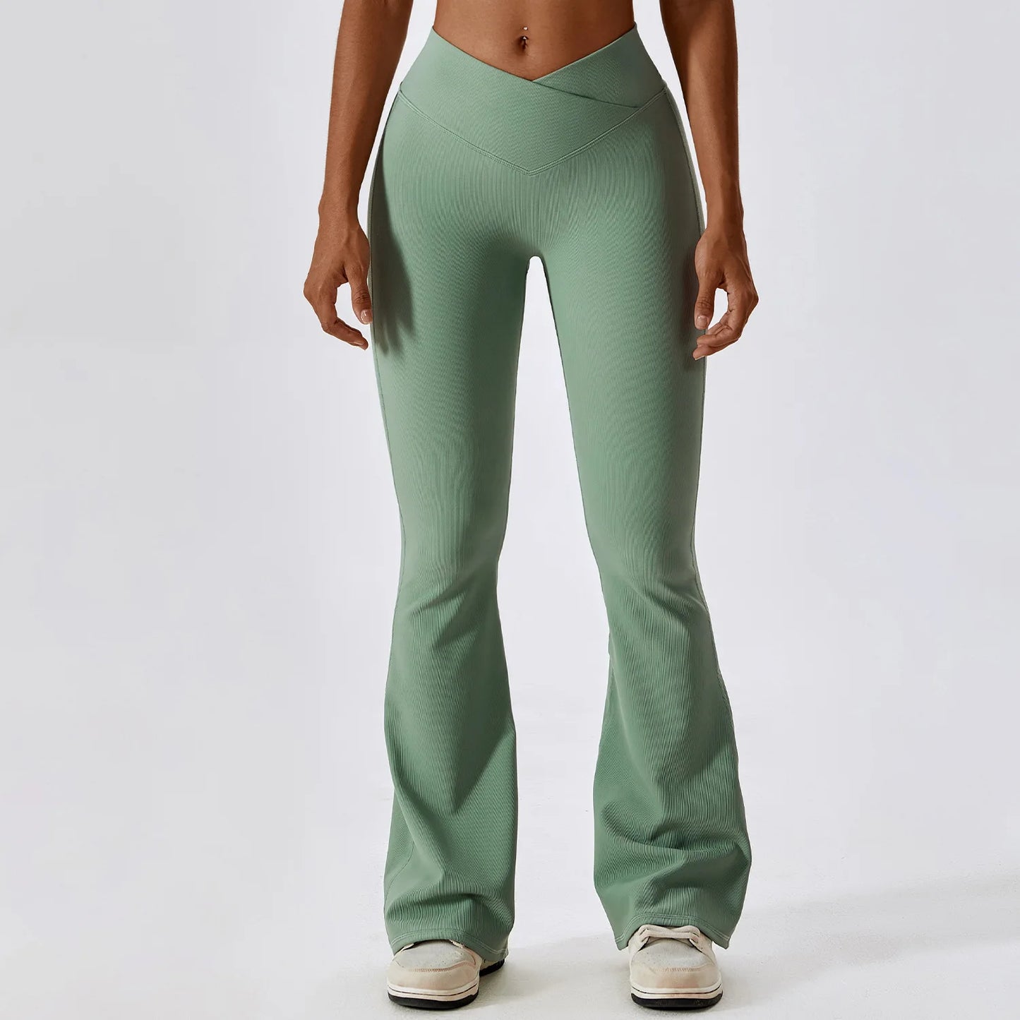Green Yoga Pants Flare Design - Full Body Shot.