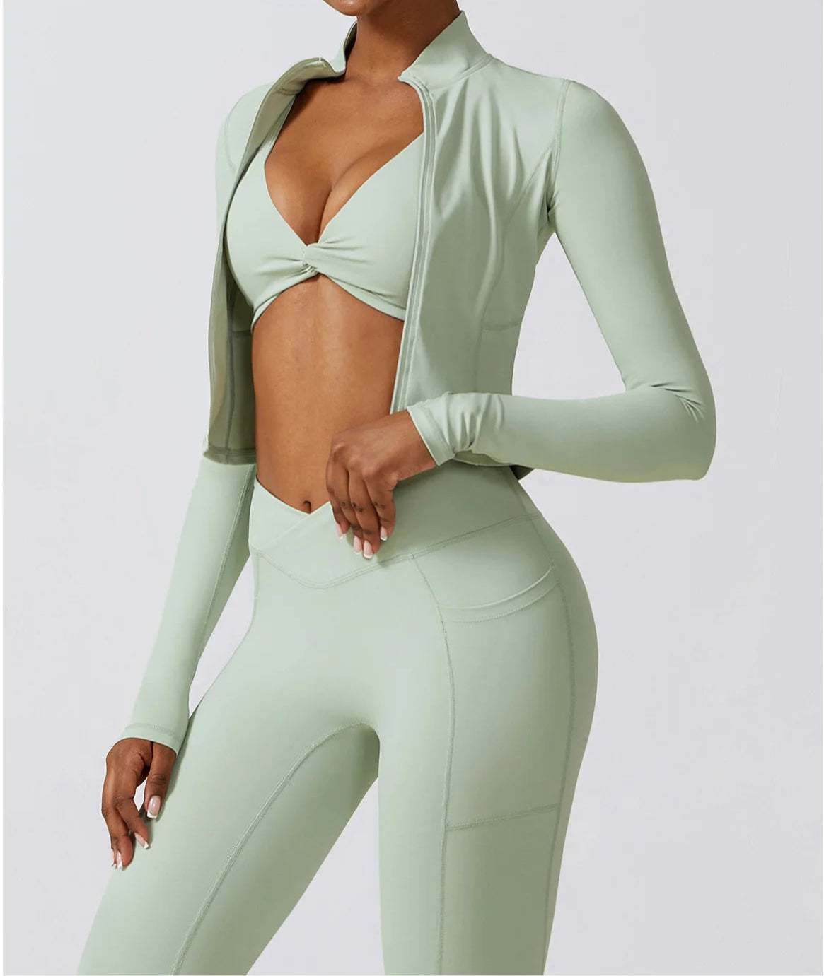 Ergonomic full-length zip running top for women in light green