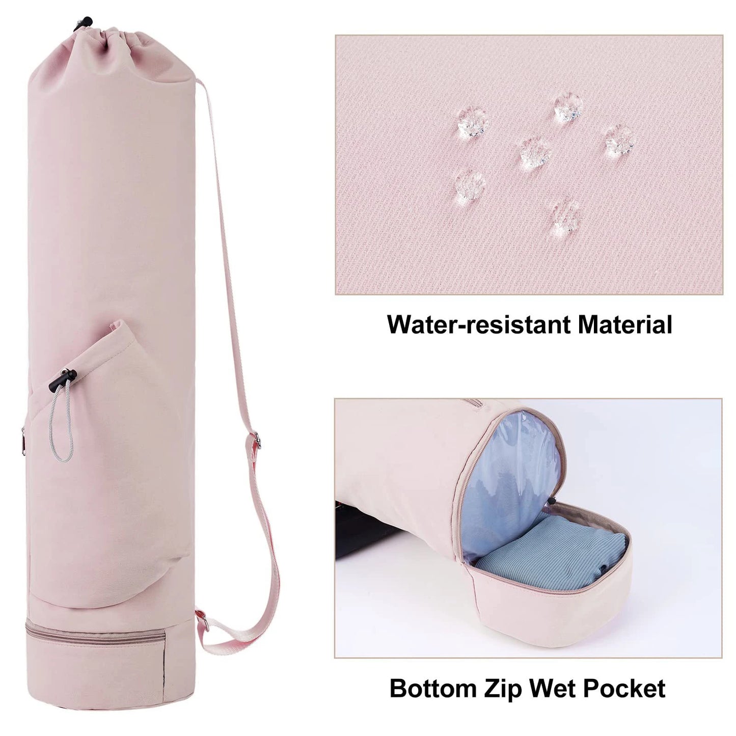 Water-resistant yoga bag showcasing the wet pocket and roomy side pocket