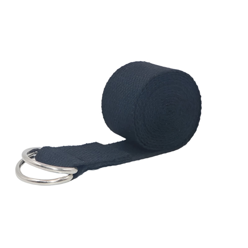 Black yoga strap wrapped neatly, ideal for yoga stretches and leg flexibility routines.