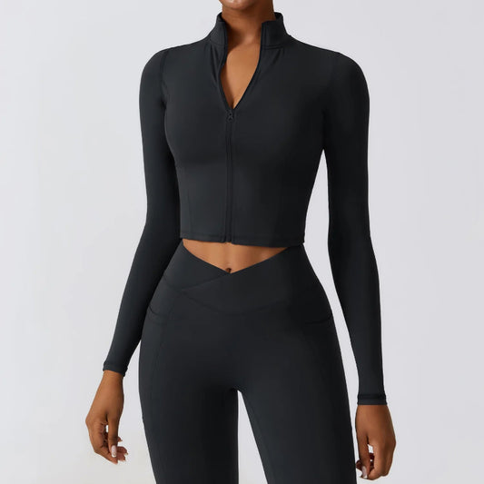 Ergonomic full-length zip running top for women in black