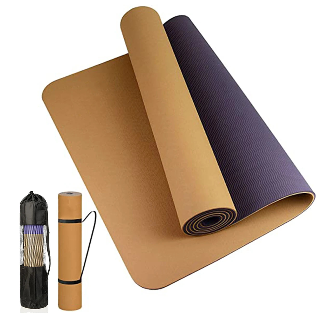 Anti-skid yoga mat rolled out with a sleek black design on a wooden floor.