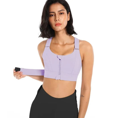 Front view of Plus Size Seamless Sports Bra with Front Zipper in purple.