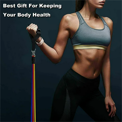 A woman performing a chest workout with the Beginner’s Resistance Set at home.