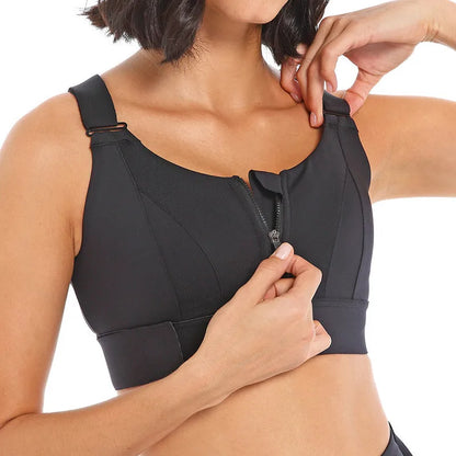 Front view of Plus Size Seamless Sports Bra with Front Zipper in black.