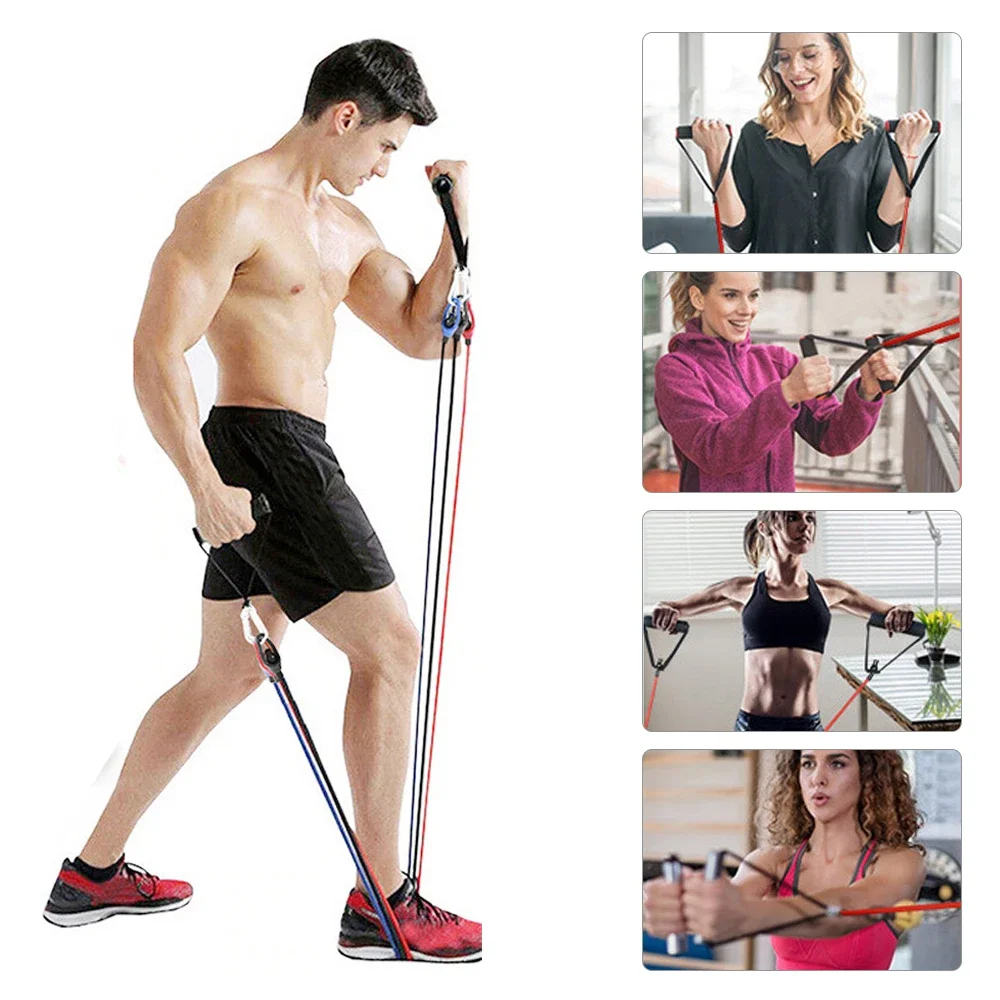 11 pieces including resistance bands, pull rope, ankle strap, and chest expander for full-body workouts.