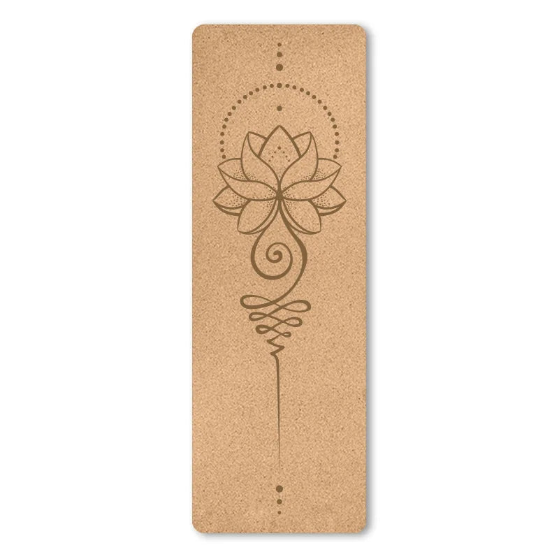 Natural Cork TPE Yoga Mat rolled out on a wooden floor, showcasing its eco-friendly cork surface.