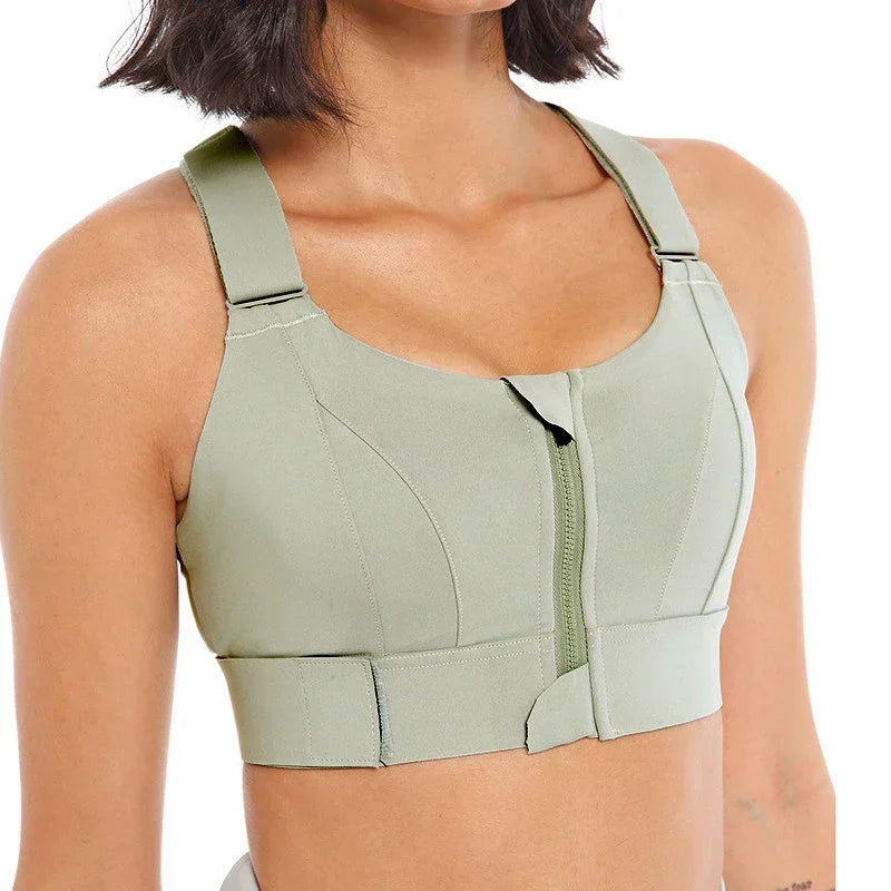 Front view of Plus Size Seamless Sports Bra with Front Zipper in green.