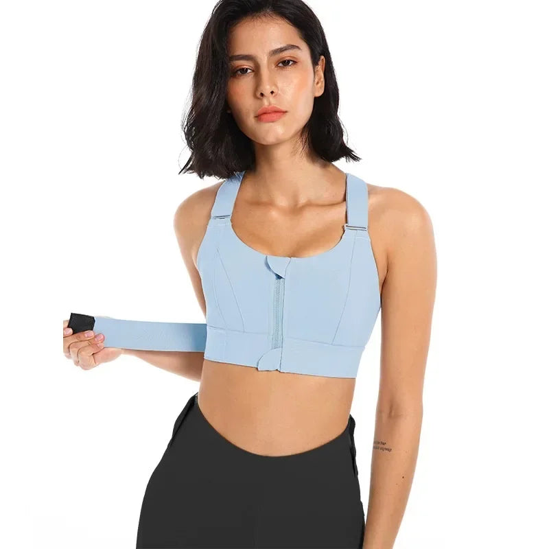 Front view of Plus Size Seamless Sports Bra with Front Zipper in blue.