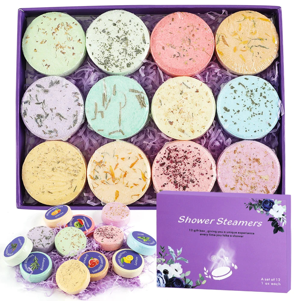 A pack of 12 all-natural shower steamers displayed with eucalyptus leaves and lavender flowers.