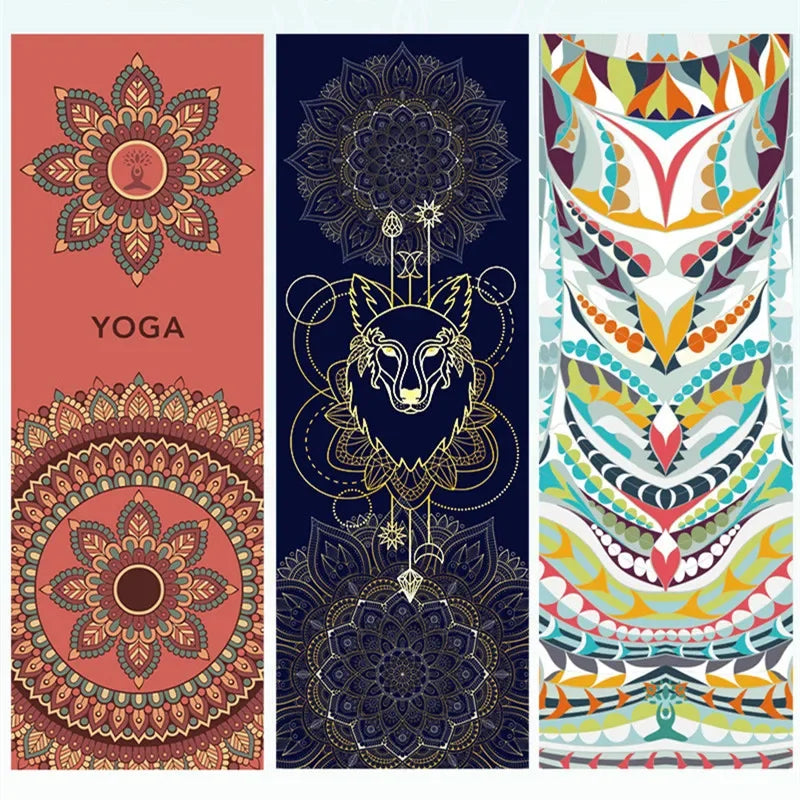 Artistic yoga towel with vibrant printed design on a yoga mat.