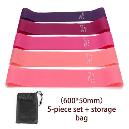 Set of 5 Elastic Resistance Bands in various colors and resistance levels for full-body workouts and strength training.