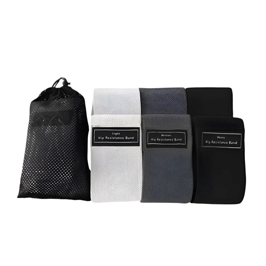 Black and grey glutes resistance bands laid out and a carrying pouch.