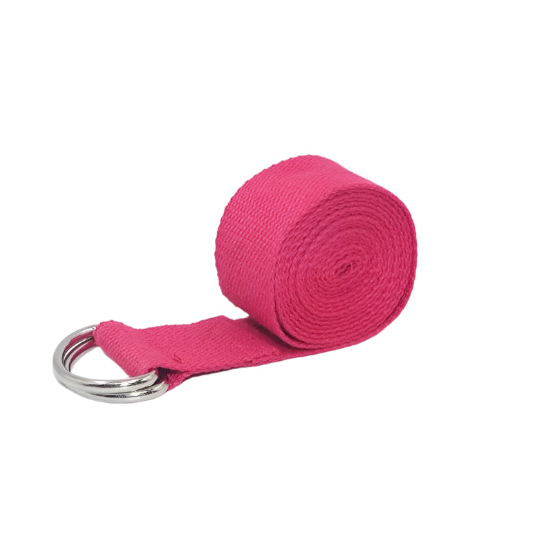 A rose-colored yoga strap displayed with its versatile uses for poses and stretches.