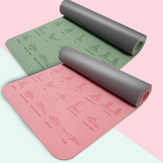 Close-up of yoga poses printed on a 6mm instructional yoga mat