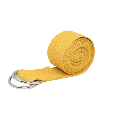 Close-up of a yellow yoga strap with a sleek and lightweight design for yogis of all levels.