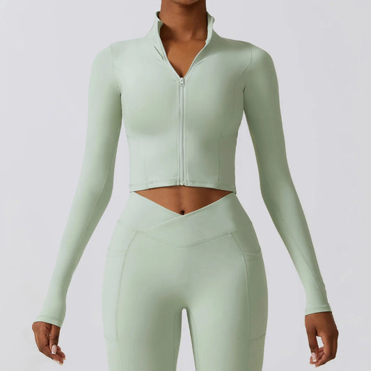 Ergonomic full-length zip running top for women in light green