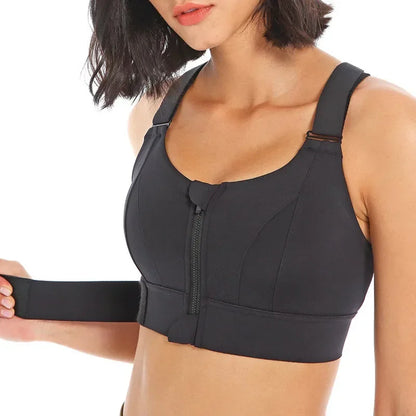 Front view of Plus Size Seamless Sports Bra with Front Zipper in black.