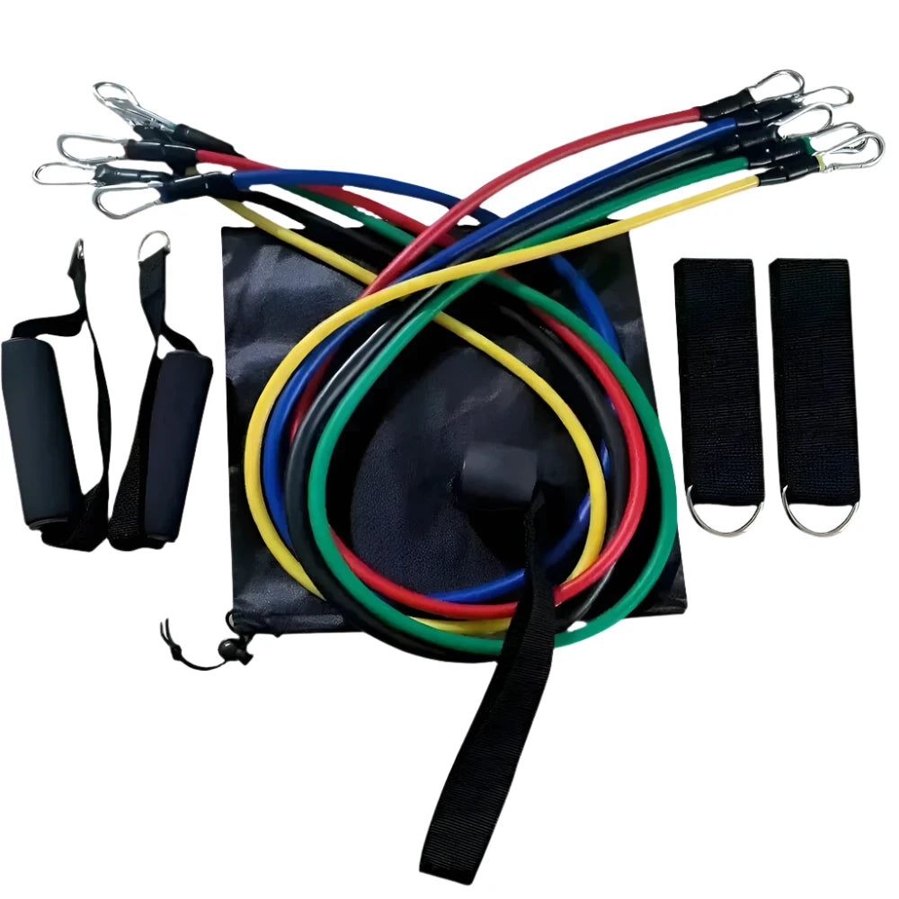 Resistance Set showcasing 11 pieces including resistance bands, pull rope, ankle strap, and chest expander for full-body workouts