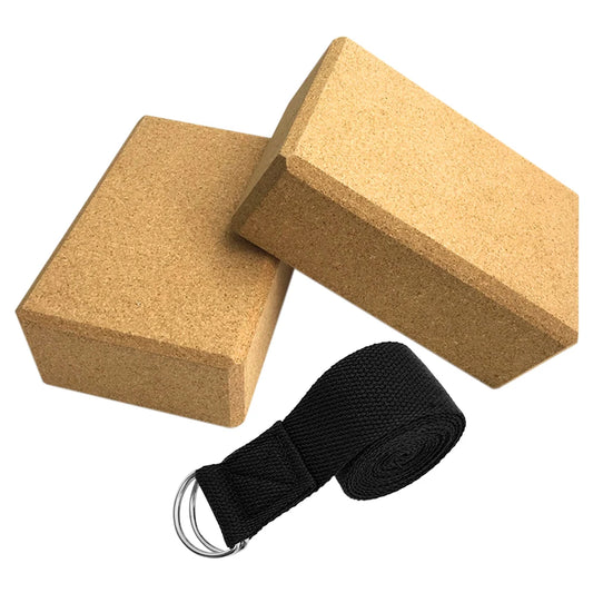 2 cork yoga blocks and black stretching strap set with eco-friendly design.