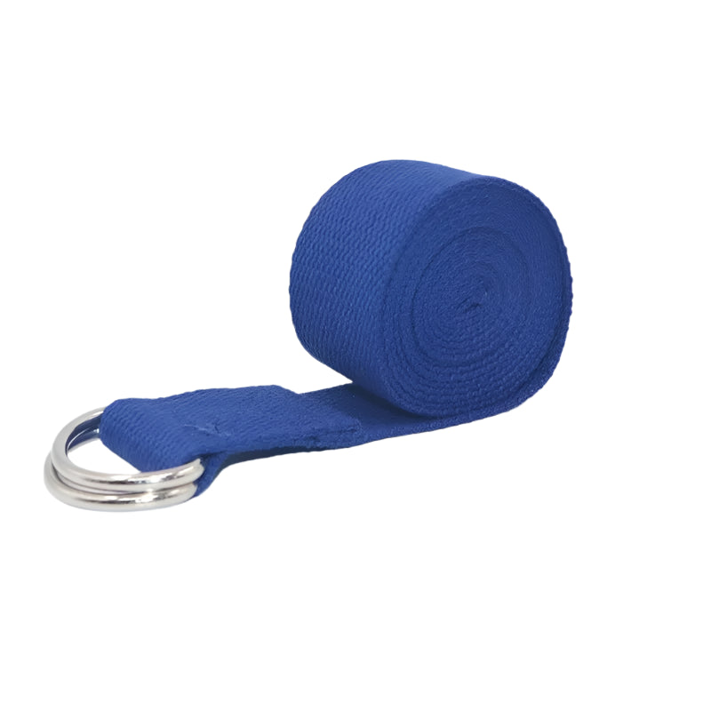 Blue yoga strap laid flat, showcasing premium cotton material for comfort and support