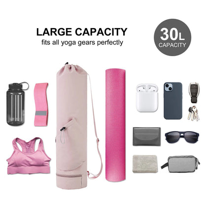 Water-resistant yoga bag showcasing the wet pocket and roomy side pocket.