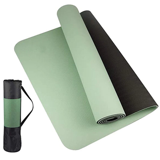 Anti-skid yoga mat rolled out with a sleek black design on a wooden floor.