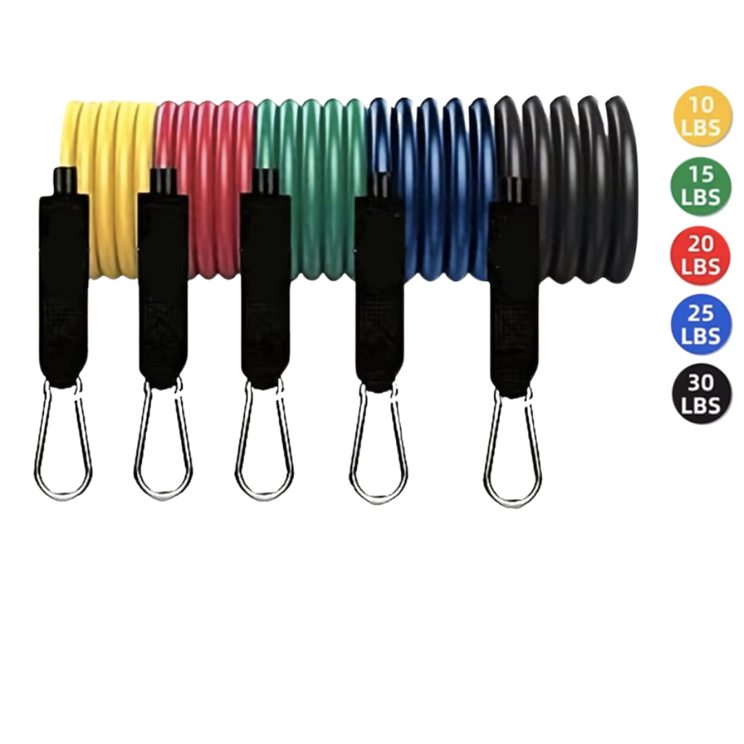 Close-up of adjustable resistance bands with handles and sturdy clips for versatile exercises