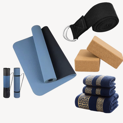 Zen starter kit with a premium Anti-skid yoga, cotton yoga strap for stretching, 2 pieces of cork yoga blocks and a pack of 3 hand towels.