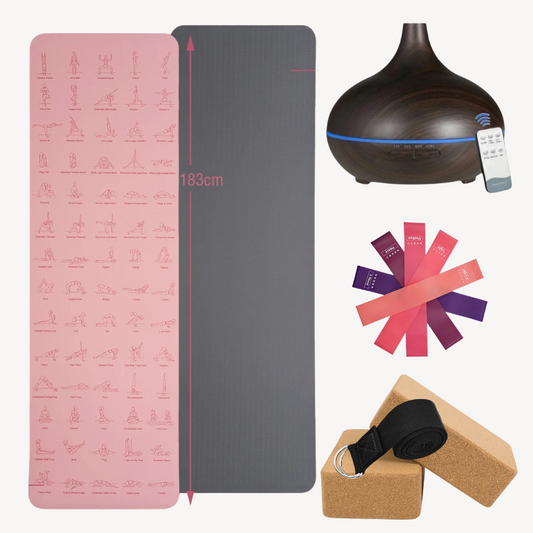 Mindful wellness bundle consisting of an instructional yoga mat, a black colored diffuser, 5 piece glutes and hip resistance bands, 2 piece cork yoga blocks and 1 nylon strap.